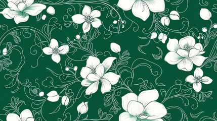 Sticker -   A green and white background with white swirls and flowers on a green backdrop, featuring white swirls and blooms