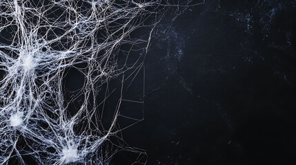 A close-up shot of a white spider web on a dark background.