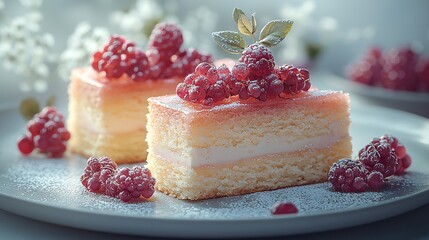 Wall Mural -   White plate with frosted cake covered in raspberries