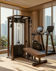 Poster - Modern gym interior with a weight machine, elliptical trainer and treadmill.