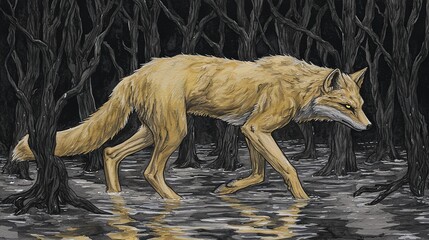 Poster -   A wolf walks through a swamp, surrounded by trees and water