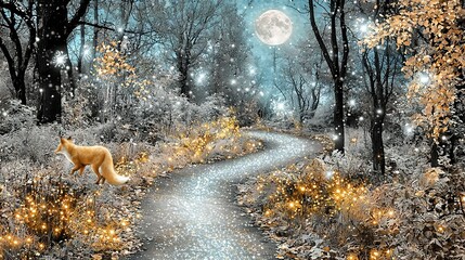 Wall Mural -  A painting depicts a forest path with a fox in the foreground and a full moon in the background