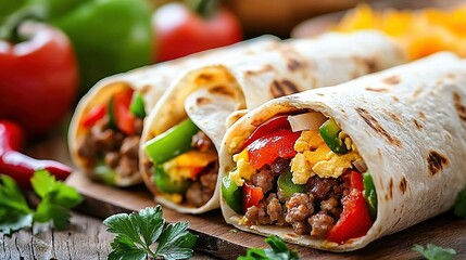 Sticker -   A burrito cut in half sits on a cutting board with a pile of peppers