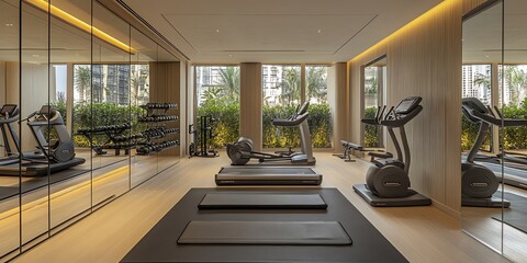 Poster - Modern gym interior with treadmills, elliptical machines, and weight rack.