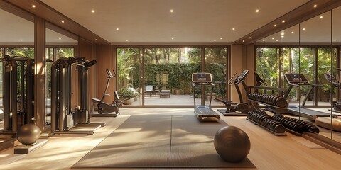 Poster - Modern gym interior with exercise equipment and a view of a lush green courtyard.