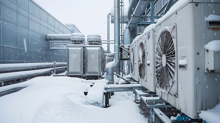 The snow covered outside unit of the air heating equipment