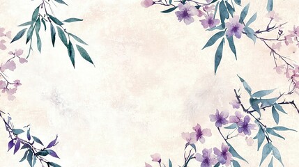 Wall Mural -   Watercolor painting with purple flowers, green leaves, and white background for text or image