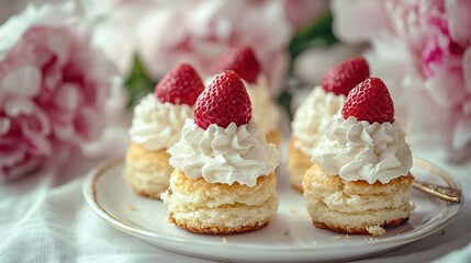 Wall Mural -  Strawberry Shortcakes with Whipped Cream & Strawberries on a White Plate, Background featuring Pink Peonies