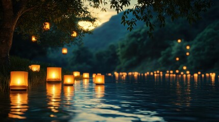 Wall Mural - Enchanting River Lanterns at Dusk with Glowing Lights Reflecting on Water in Serene Natural Landscape