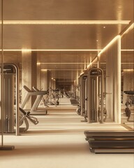 Poster - Modern gym interior with wood-paneled walls and mirrored ceiling, featuring rows of exercise equipment.
