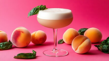 Sticker -   A close-up of a glass filled with drink sits atop a peach-laden table