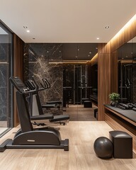 Poster - Modern home gym with a black elliptical machine, dumbbells, a black exercise ball, and a wooden floor.
