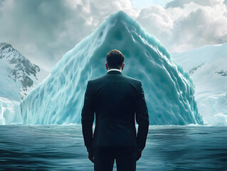 Poster - A focused businessman in a suit stands and looking at massive iceberg ahead, symbolizing the unseen challenges and potential risks in his business journey