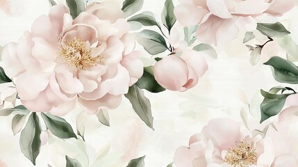   Floral wallpaper with pink flowers and green leaves on white background Light pink and green color scheme