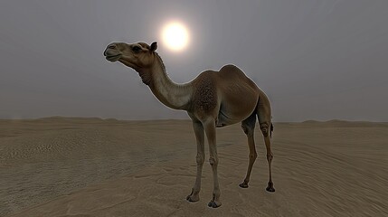 Poster -   A majestic camel stands in the heart of a vast desert as the golden sun descends towards the horizon, casting ethereal shadows while soft clouds drift lazily overhead