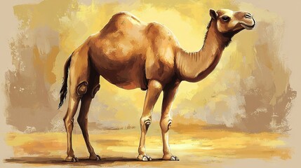 Poster -   A painted camel stands in a desert against a yellow sky