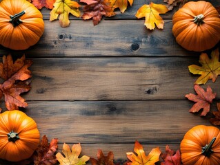 Canvas Print - Autumn themed greeting with pumpkins and leaves on wooden surface