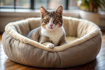 Sticker - Tabby cat relaxing in cozy bed, looking at camera