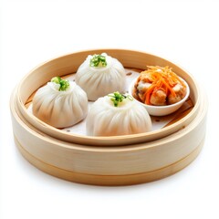 Wall Mural - stuffed steamed bun and dim sum on the plate isolated on white background.