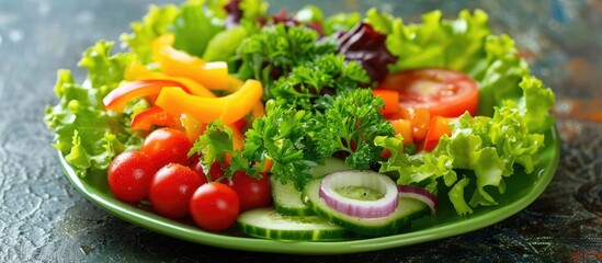 Wall Mural - Ingredients For Making Salad On A Green Plate Healthy Eating Concept