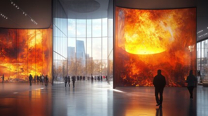 Poster - Modern interior with large fire-themed displays in a glass building.