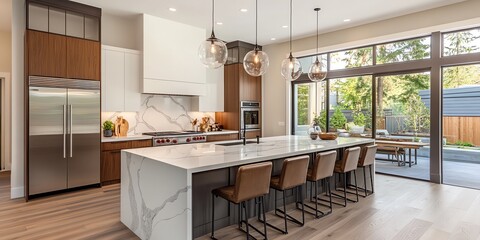 Aufkleber - Modern kitchen with a large island, stainless steel appliances, and white marble countertops, with a view of the backyard.