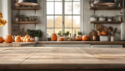 Wall Mural - Wood table with copy space in autumn kitchen with pumpkin decorations