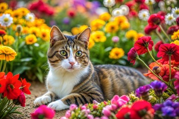 Poster - Tabby cat sitting in colorful flower garden