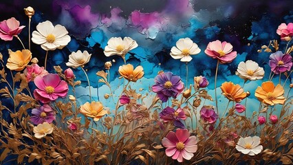 Imagine airbrush and alcohol ink a field of wild flowers at night