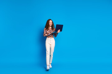 Wall Mural - Full length photo of lovely young lady ecommerce netbook walking dressed stylish colorful garment isolated on blue color background