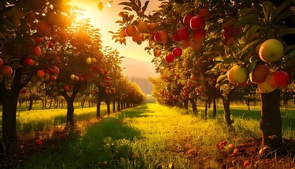 Lush orchard with ripe apples hanging from tree