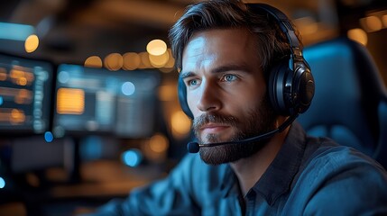 A man in headphones working on a computer in a dark office.