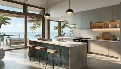 Wall Mural - Sleek coastal kitchen designs blending modern aesthetics with beach-inspired elements and innovative AI solutions