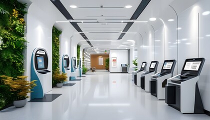 Wall Mural - Futuristic smart service hall featuring white walls and an array of interactive devices including a self-service ID card processing machine powered by generative AI