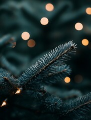 Wall Mural - A close-up of a pine tree branch with warm lights in the background.