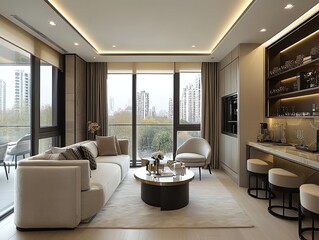 Aufkleber - Modern living room with a white sofa, a coffee table, and a cityscape view.