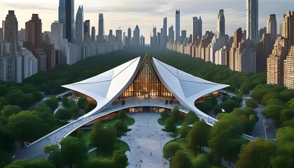 Wall Mural - Aerial view of a modern triangular museum nestled within an urban park, framed by roads and pathways alongside towering buildings. Generative AI design.