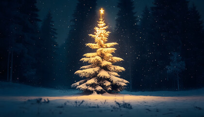 Sticker - Snow covered christmas tree in winter forest with copy space at night