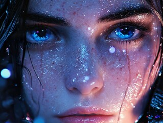 Poster - Close-Up Portrait of a Woman with Blue Eyes and Wet Skin