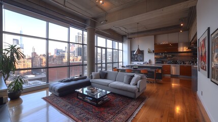 Poster - Modern living room with large windows overlooking city skyline, hardwood floors, and a gray sofa.