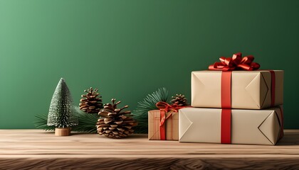 Wall Mural - Rustic wooden log and gift box arrangement on a wooden table against a vibrant green backdrop for festive mockup and product showcase