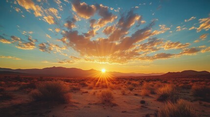 Wall Mural - Stunning Sunset Over Desert Landscape with Dramatic Clouds and Golden Light