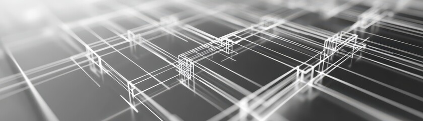 Wall Mural - abstract 3d wireframe grid background with geometric lines and shapes in black and white