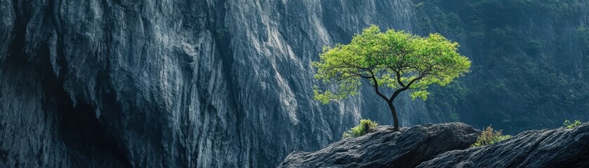 Wall Mural - Solitary Tree on Rocky Cliffside with Majestic Mountain Backdrop in Serene Natural Landscape