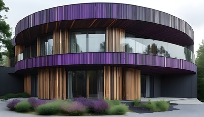 Contemporary architectural design featuring rounded corners and a dark purple wood facade