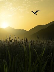 Canvas Print - Silhouette of a bird flying over a field at sunset.