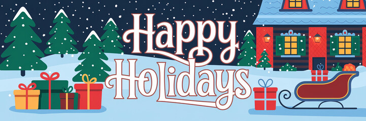 Wall Mural - happy holidays greeting banner or header with christmas presents, sleigh and snow covered winter lan