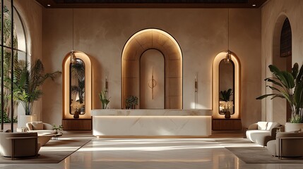 Aufkleber - Modern luxury hotel lobby with white marble reception desk, arched doorways, and beige furniture.