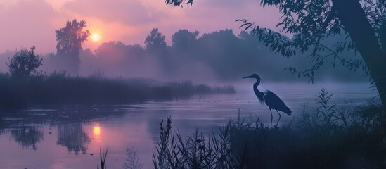 Wall Mural - Heron Walking By River At Dawn