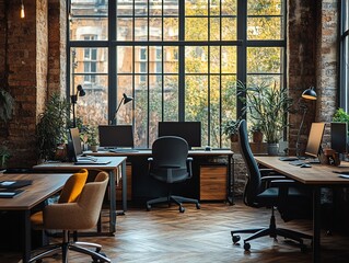 Poster - Modern office interior with two desks, computers, and chairs in a room with large windows.